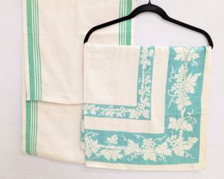 Vintage linen table runner with green stripe border, and a vintage linen table cloth with fruiting grape vines border