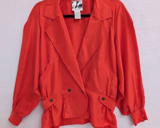 Vintage 1980s Diane Gilman coral red silk jacket with wide lapels and peplum waist, size M