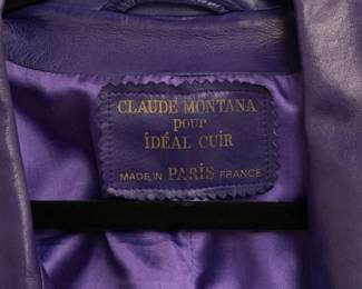 Closeup of 1980s vintage Claude Montana purple lambskin leather jacket