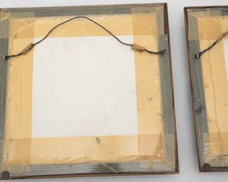 Reverse view of pair of framed antique Persian Iznik Qajar style ceramic pottery tiles