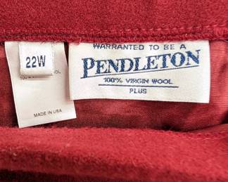 Closeup of the scarlet red Pendleton wool short skirt with fringed hem, size 22W