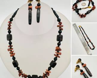 A gorgeous Miriam Haskell signed vintage Adventurine with goldstone & black art glass necklace and earring set, original brass hang tag on necklace