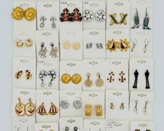 Fun selection of fashion earrings including Matisse, Weiss, Lisner; Mexican silver brooch, LW Paris shoe clips