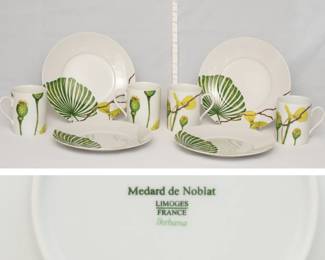 Medard de Noblat Limoges France Ikebana dinnerware comprised of 2 dessert plates, 2 bread and butter plates, and 4 mugs