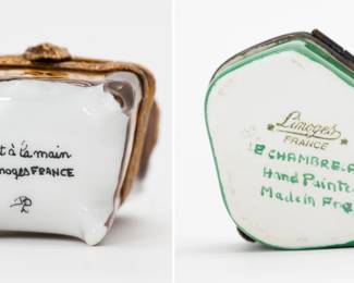 Another view of the 2 Limoges Boxes Leopard Print Chair & Flowers France – Limoges Box One: In the form of an armchair with leopard skin pattern upholstery. Marked on the base with Peint a la main Limoges France and artisan’s signature. Limoges Box Two: A fan-shaped box painted dark green with shaded black flowers, hand painted at the workshops of Le Chambrelain in Limoges, France. Marked on the base with Limoges France stamp in green paint, and Le Chambrelain Hand Painted Made in France in script.