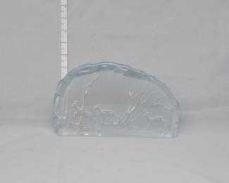 A vintage crystal glass paperweight or sculpture made by Nybro Glasbruk in Sweden, featuring a frosted "deer in the woods" or "hunting in Sweden" scene