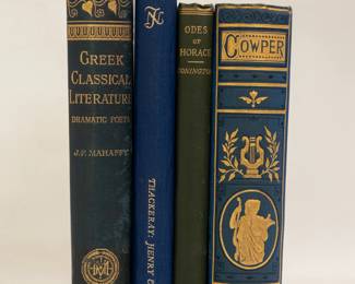 A History of Classical Greek Literature by the Rev. J. P. Mahaffy, Volume I, hardcover, published 1895 by MacMillan And Co; The History of Henry Esmond Esquire by W. M. Thackeray, hardcover, published 1947 in The Novel Library series by Hamish Hamilton, London; The Odes of Horace translated into English verse by the late John Conington, hardcover, published 1898 by George Bell and Sons, London; The Poetical Works of William Cowper with Illustrations by Hugh Cameron, hardcover, published 1877 by William P. Nimmo