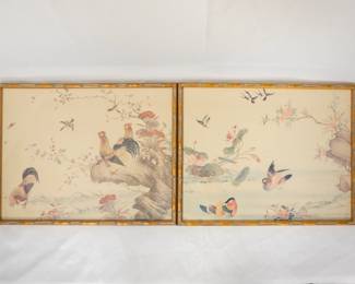 A vintage pair of bird scenes in Chinese art style, printed on fabric (perhaps silk?) and framed; one has three chickens amidst flowering plants with two birds above them, the other a pair of Mandarin ducks, a pair of swallows in flight, and a kingfisher.