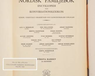 Inside page of Nordisk Familjebok Encyklopedi Och Konversationslexikon (Nordic Family Book Encyclopedia and Conversation Dictionary), two volumes, hardcovers, published 1961 Forslaghuset Norden AB