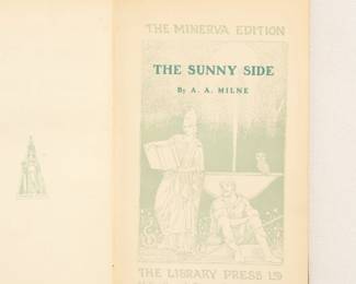 Inside page of one of five "Minvera Edition" hardcover volumes by A. A. Milne: The Sunny Side, The Holiday Round, The Day's Play, Not That It Matters, and If I May; published by The Library Press Ltd London