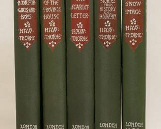 A book series by Nathaniel Hawthorne, hardcovers, including Wonder Book for Girls and Boys, Legends of the Province House, The Scarlet Letter, True Stories from History and Biography, and The Snow Image; published by Walter Scott Limited, London, circa