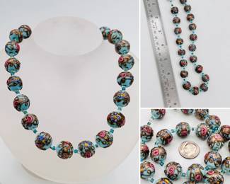 A vintage Venetian Murano "wedding cake" glass bead necklace in light blue, pink and gold tones