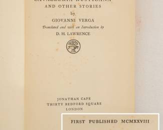 Inside page of Cavalleria Rusticana and Other Stories by Giovanni Verga, hardcover, published 1928 by Jonathan Cape, London