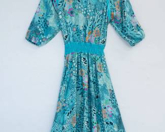 Vintage Diane Freis turquoise and floral pattern silk dress