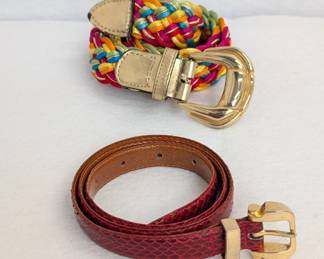 Colorful rainbow woven fabric belt with gold tone metal buckle, and a red leather snakeskin texture belt with gold tone hardware