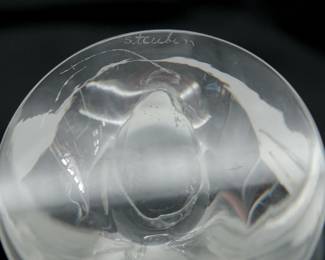 Closeup of a signed Steuben Glass owl figurine No. 8065 