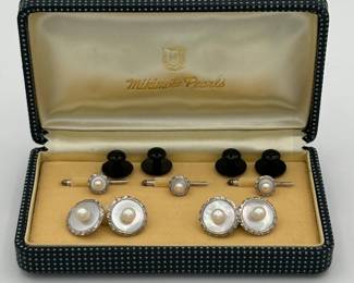 Mikimoto Art Deco silver, pearl, and mother of pearl tuxedo cufflink and shirt stud set in original presentation box