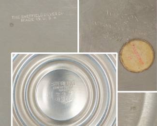 Closeups of the double-handled silver plate serving bowl by The Sheffield Silver Co., a silver plate compote or footed basket with a top handle and a pierced border by El-Sil-Co, and a silver plated Paul Revere-style bowl by Wilcox International Silver Co.