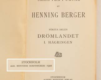 Inside page of Skrifter I Urval av Henning Berger Forsta Delen Dromlandet I. Hagringen, hardcover, published 1922 by Albert Bonniers Forlag, Sweden
