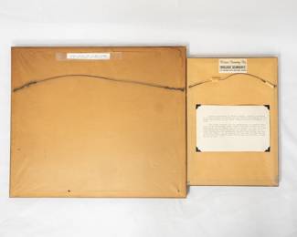 Reverse view of a framed color print of The Old Curiosity Shop by Norman Deal, and a framed handwritten undated manuscript by Edward Martyn, possibly intended as a press release or letter to the Dublin newspapers, on the first performance of the Irish Theater Company, November 2, 1914.