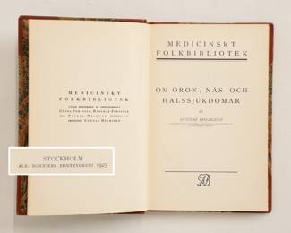 Inside page of one of the five volumes of Medicinskt Folkbibliotek (Medical public library), hardcover, various medical/health topics per volume, published by Albert Bonniers, Sweden; volumes dated 1925, 1927, 1928, 1930