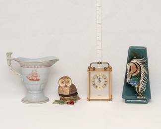Spode Trade Winds creamer, a Villeroy & Boch hand-painted owl trinket box, a Linden Quartz brass carriage clock, and a vintage Sascha Brastoff Star Steed Vase 