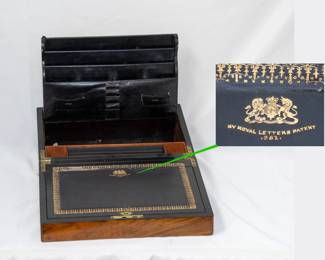 Another view of the wooden and leather traveling writing box, 19th century, English