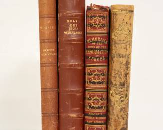 Skeppet Gar Vidare, roman av Nordahl Grieg, hardcover, published 1925 by Albert Bonniers Forlag, Sweden; Det Stolta Nederlaget by Kare Holt, hardcover, 1957 publishers Tidens Forlag, Stockholm; Memorials of the Dawn of the Reformation in Europe, hardcover, published 1847 by Thomas Nelson, London; Verldhistoria af Carl Fredrick Becker, hardcover, published 1832 Palmblad & Co, Sweden