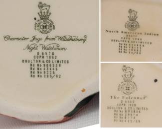 Marks on the base of the three vintage Royal Doulton character jugs or Toby jugs from the 1960s – Night Watchman, The Falconer, and North American Indian