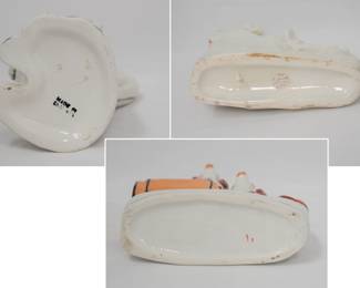 More views of the antique Staffordshire flat back ceramic spill vase modeled as a dog next to his doghouse, looking up at a bird resting on a tree trunk; a 19th century Staffordshire King Charles spaniel jug, the dog sitting up in begging position and wearing a hat in the "Toby Jug" style; and a Staffordshire flatback figurine of two King Charles Spaniels, one perched on a barrel. The flat back figures were usually placed on fireplace mantels.