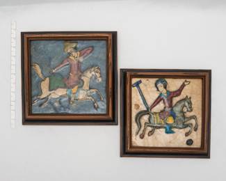 Pair of framed antique Persian Iznik Qajar style ceramic pottery tiles