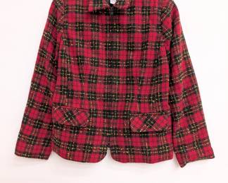 Sag Harbor red, black, and yellow plaid knit zip front jacket, size 12