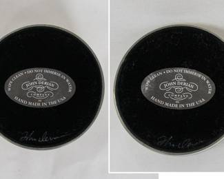 Closeups of art glass paperweights, two are hand-signed and labeled from John Derian Company, Inc.