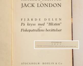 Inside page of Samlade Skrifter av Jack London, hardcover, published 1917 by Bohlin & Co., Sweden