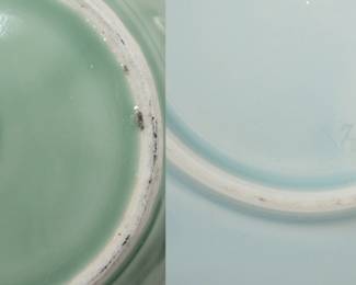 Closeups of the vintage Chinese celadon porcelain lidded jar with flowering peony design and on a carved wooden stand, and a vintage Chinese porcelain pale blue glaze bowl with subtle embossed or molded floral pattern