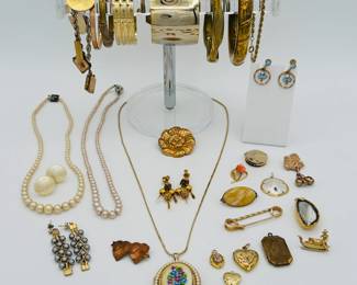 Vintage gold tone fashion bracelets, earrings, brooches, pendants, lockets, and glowing Faux pearl necklaces