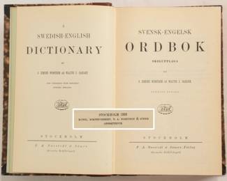 Inside page of A Swedish-English Dictionary by O. Edmund Wenstrom and Walter E. Harlock, hardcover, published 1929 by P. A. Nordstedt & Soners Forlag, Sweden