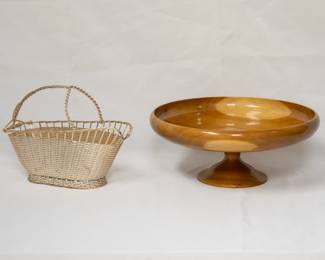 A vintage silver plate woven wire champagne/wine bottle braided metal basket, and a beautifully hand-turned wooden pedestal bowl (often used for fruit or as a decorative centerpiece)