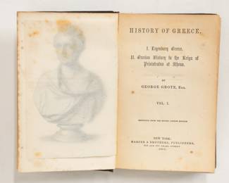 Inside pages of History of Greece by George Grote, published 1865 by Harper & Brothers; hardcover volumes 1-7, volume 9 and 10. 