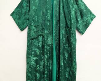 A gorgeous deep green brocaded pure silk robe with finely woven floral pattern, Golden Deer label, made in China