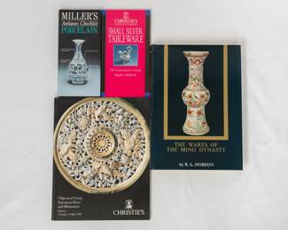 Miller's Antiques Checklist Porcelain, hardcover; Christie's Collectibles Small Silver Tableware by Stephen Helliwell, hardcover; vintage Christie's auction catalog Objects of Vertu, European Silver and Miniatures, Geneva 1990, The Wares of the Ming Dynasty by R. L. Hobson, hardcover