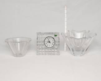 A 70s vintage Kosa Boda lead crystal bowl designed by Rolf Sinnemark; a Waterford Crystal Quadrata cube clock, an Orrefors Swedish crystal Orion vase designed by Lars Hellsten 