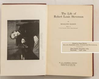 Inside page of The Life of Robert Louis Stevenson by Rosaline Masson, hardcover, published 1924 by W. & R. Chambers, Ltd., Great Britain