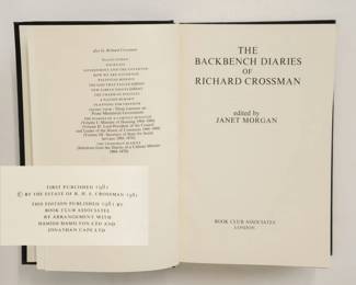 Inside pages of The Backbench Diaries of Richard Crossman, edited byJanet Morgan, hardcover 1981 published by Book Club Associates