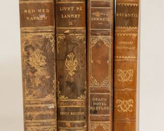 Ned Med Vapnen by Bertha Von Sutter, hardcover, published 1927 by Baltiska Forlaget Aktiebolag; Livet Pa Landet by Fritz Reuter, hardcover, published 1928 by Baltiska Forlaget Aktiebolag, Sweden; Grand Hotel Babylon by Arnold Bennett, hardcover, published 1929 by Saxon & Lindstroms Forlag, Sweden; Atlantis Roman av Gerhart Hauptmann, hardcover, published 1929 by Vart Hems Forlag, Sweden