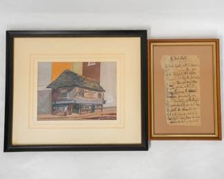 A framed color print of The Old Curiosity Shop by Norman Deal, and a framed handwritten undated manuscript by Edward Martyn, possibly intended as a press release or letter to the Dublin newspapers, on the first performance of the Irish Theater Company, November 2, 1914.