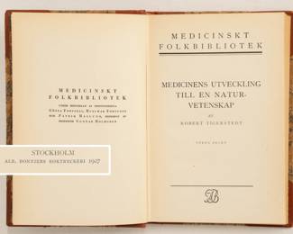 Inside page from one of five volumes of Medicinskt Folkbibliotek (Medical public library), hardcover, various medical/health topics per volume, published by Albert Bonniers, Sweden; volumes dated 1926-1932