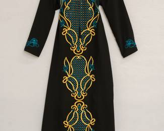 Vintage 70's H & S black caftan with blue and gold embroidery and sequins, size M/L