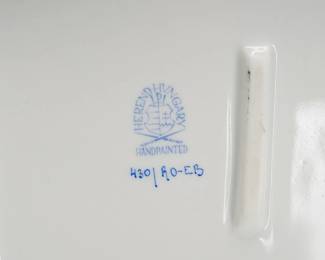 Closeup of mark on the Herend Porcelain cake or dessert platter vibrantly hand painted in the Rothschild Bird pattern with blue fish scale accents and applied floral handles. Herend stamp and hand painted model number to the underside. 11 1/2 inches L x 9 1/2 inches W.