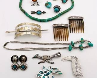 A vintage Native American sterling silver roadrunner brooch or pin with turquoise bead eye, a artisan-signed sterling silver toucan bird brooch, a vintage sterling silver ring with a blue natural stone cabochon set in rope-style bezel, a set of hair combs set with what appear to be vintage Native American sterling silver cuff bracelet segments with hand-stamped pattern, a pair of silver and turquoise cufflinks, silver and turquoise rings, necklaces, and more – come shop the great selection, lots of great gift ideas (hint, hint)